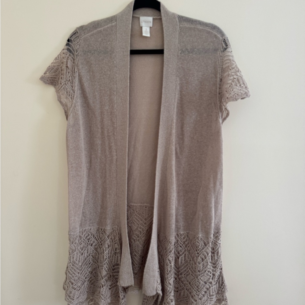 Chico’s size 3 short sleeve crochet/knit cardigan EUC great for spring!
